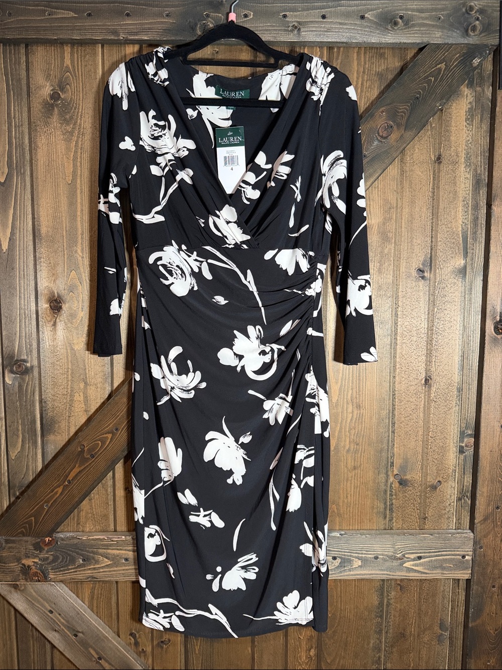 Lauren Ralph Lauren Black Floral Faux-Wrap Midi Dress